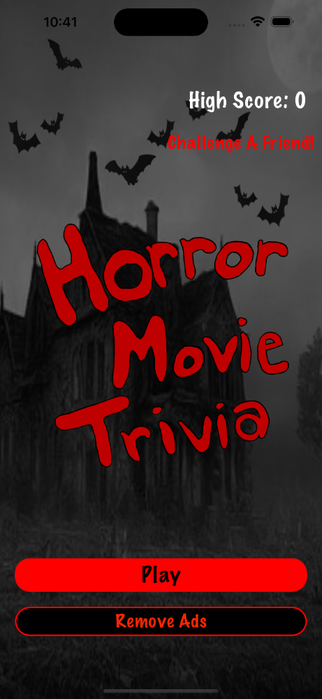 Horror Movie Trivia app main screen, screen shot on iOS